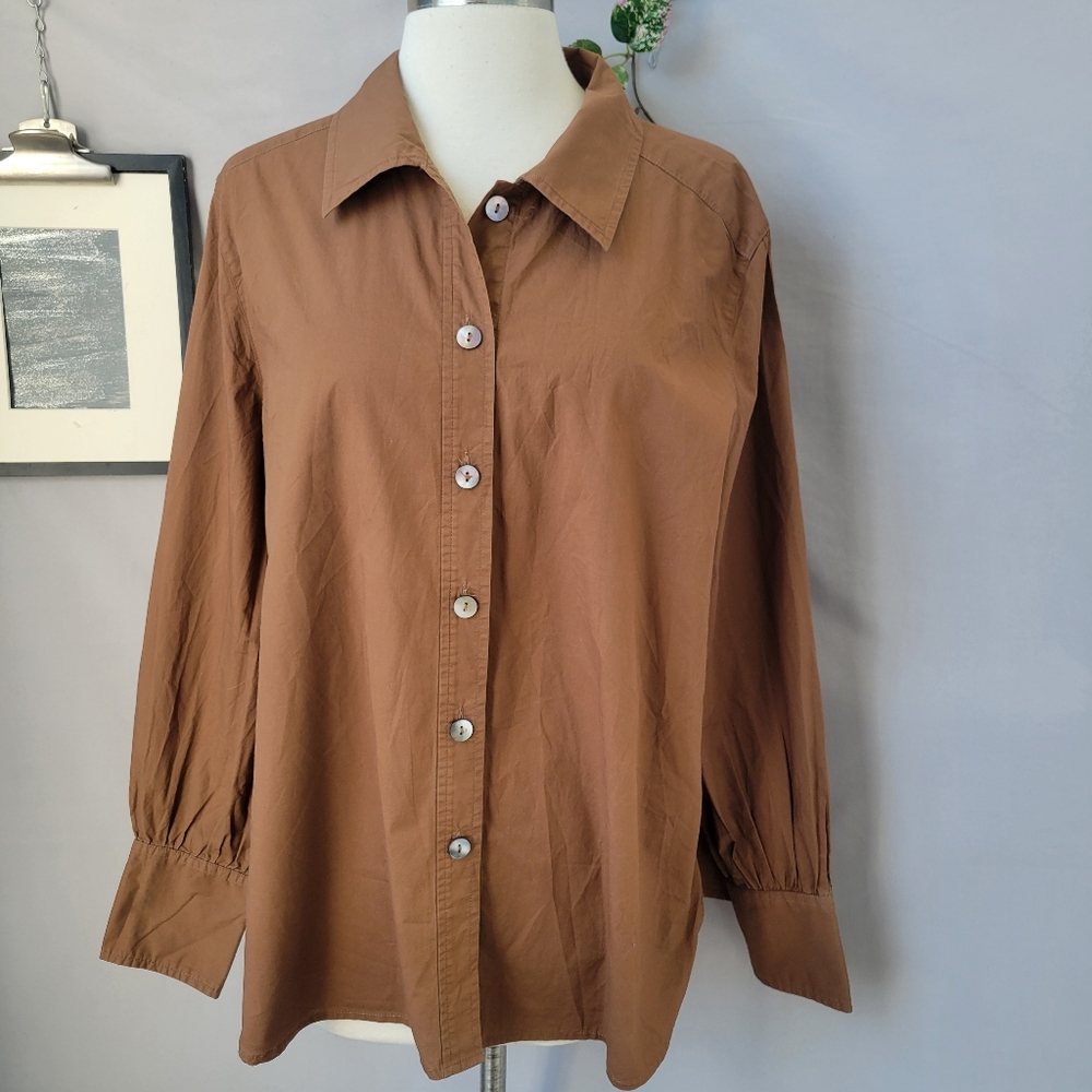 Poetry Back Pleat Cotton Button Up Shirt Tan Brown 14